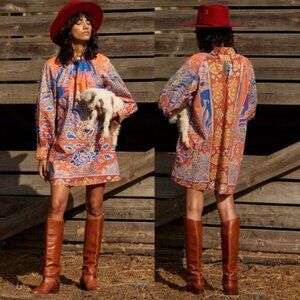 NWT Carolina K Poplin Long Sleeves High Neck Printed Irina Mini Dress Chamando